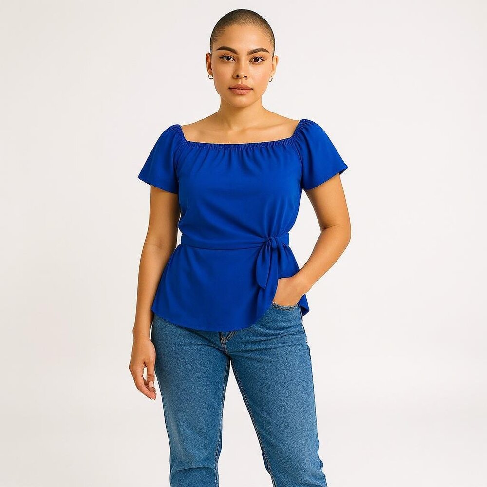 SHEIN Women's S Blue Square Neck Tie Waist Short Sleeve Blouse